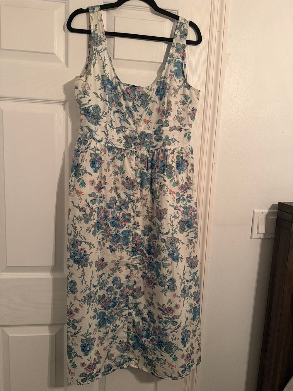 J. Crew White Floral Sleeveless Midi Dress with Blue & Pink Print